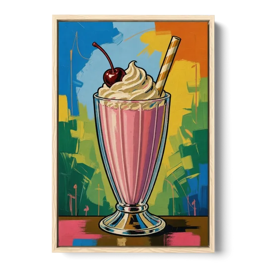 Pink Milkshake with a Cherry and Striped Straw - Oak Framed Canvas Wall Art - Front