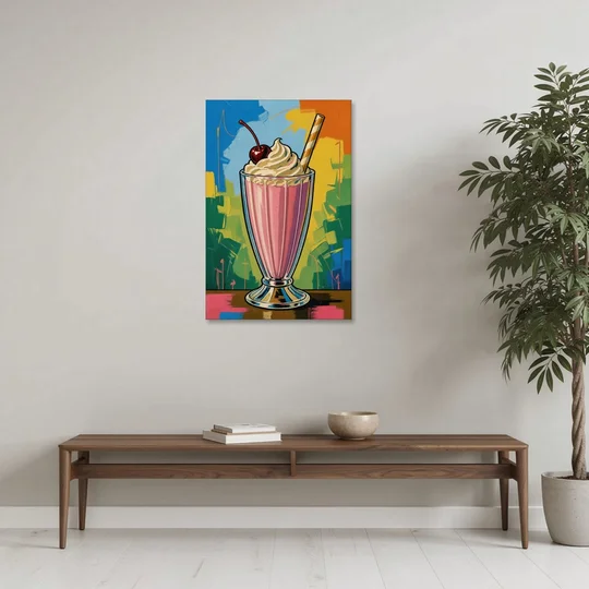 Pink Milkshake with a Cherry and Striped Straw - Canvas Wall Art - Coffee Table - 24x36