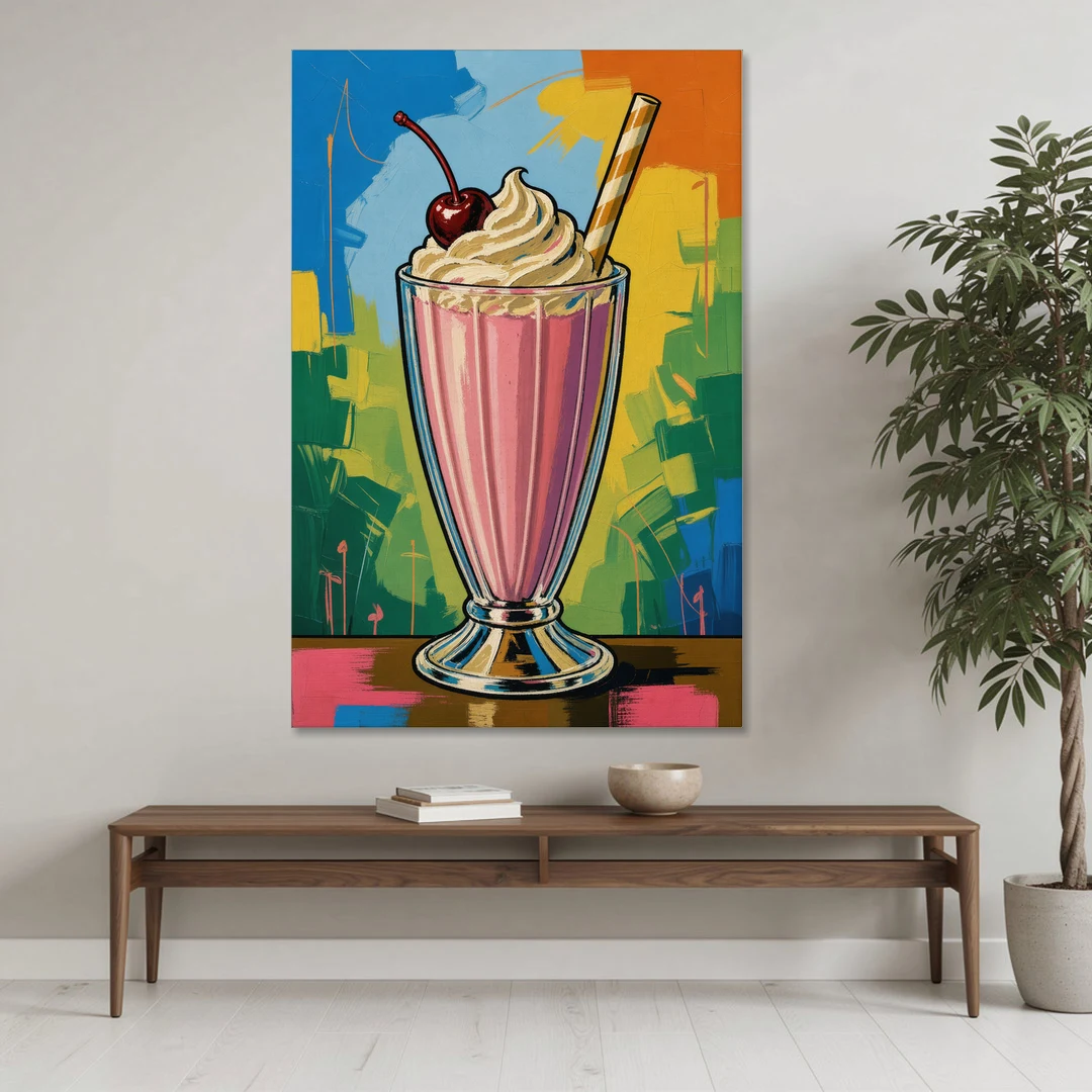 Pink Milkshake with a Cherry and Striped Straw - Canvas Wall Art - Coffee Table - 40x60