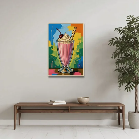 Pink Milkshake with a Cherry and Striped Straw - Oak Framed Canvas Wall Art - Coffee Table - 24x36