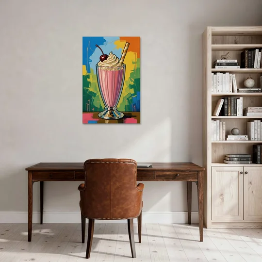 Pink Milkshake with a Cherry and Striped Straw - Canvas Wall Art - Office - 24x36