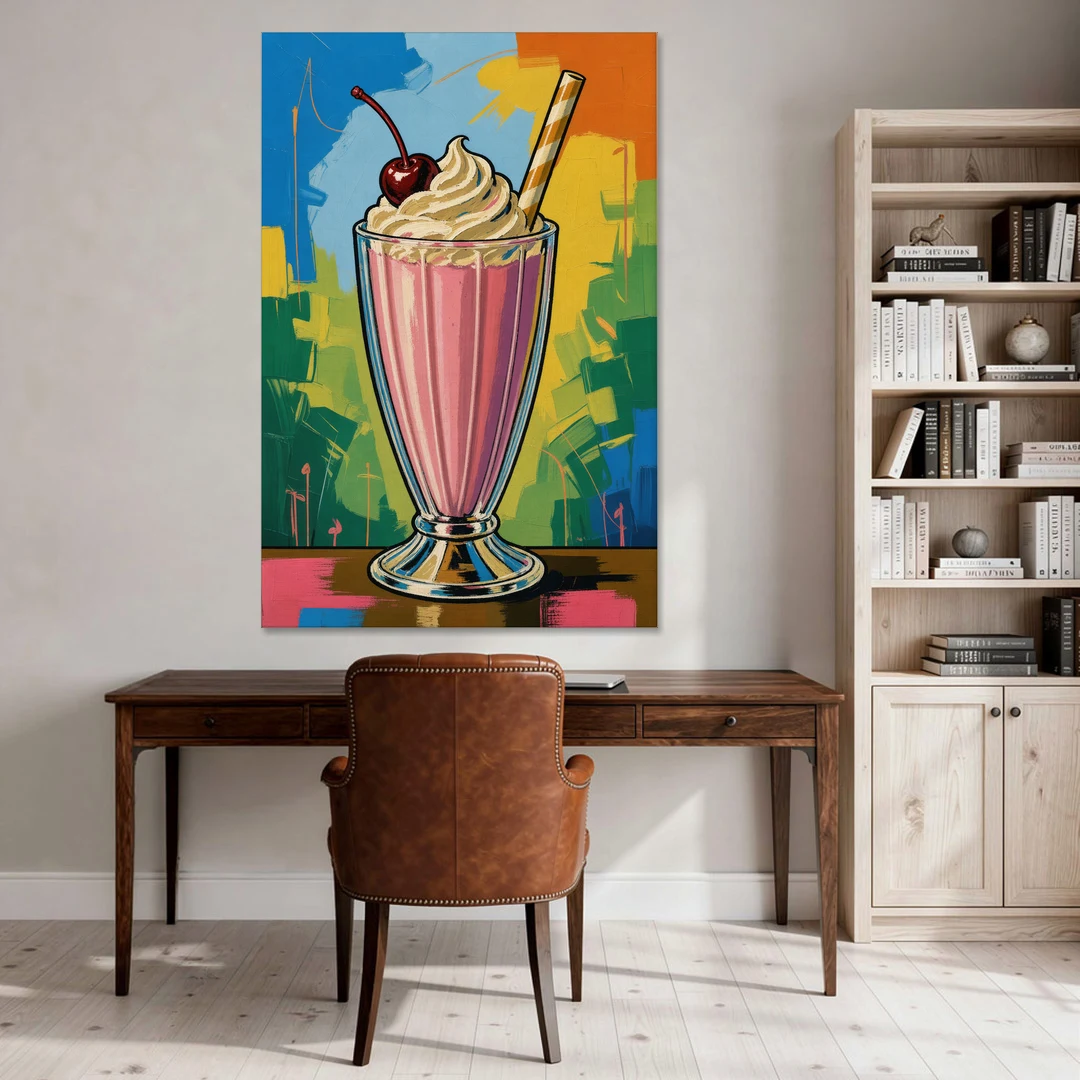 Pink Milkshake with a Cherry and Striped Straw - Canvas Wall Art - Office - 40x60