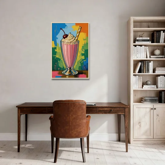 Pink Milkshake with a Cherry and Striped Straw - Oak Framed Canvas Wall Art - Office - 24x36