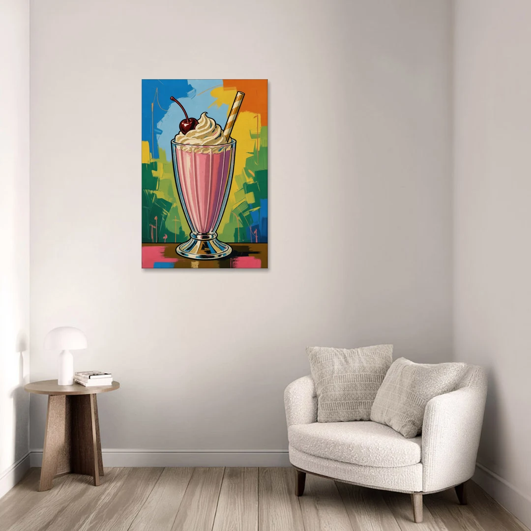 Pink Milkshake with a Cherry and Striped Straw - Canvas Wall Art - Sofa - 24x36