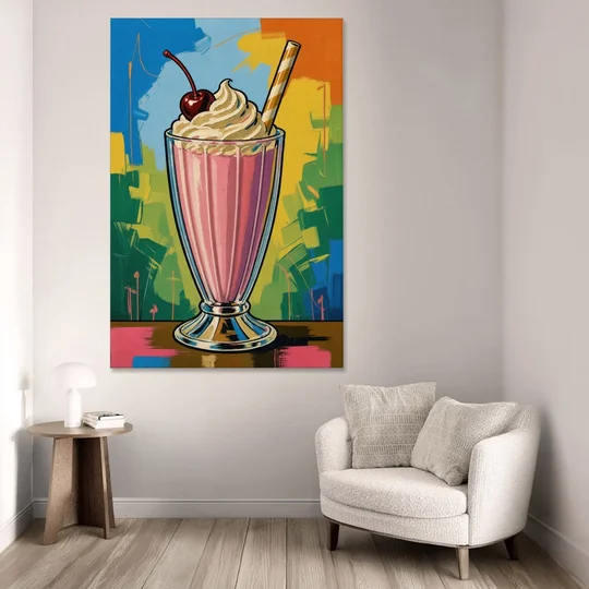 Pink Milkshake with a Cherry and Striped Straw - Canvas Wall Art - Sofa - 40x60