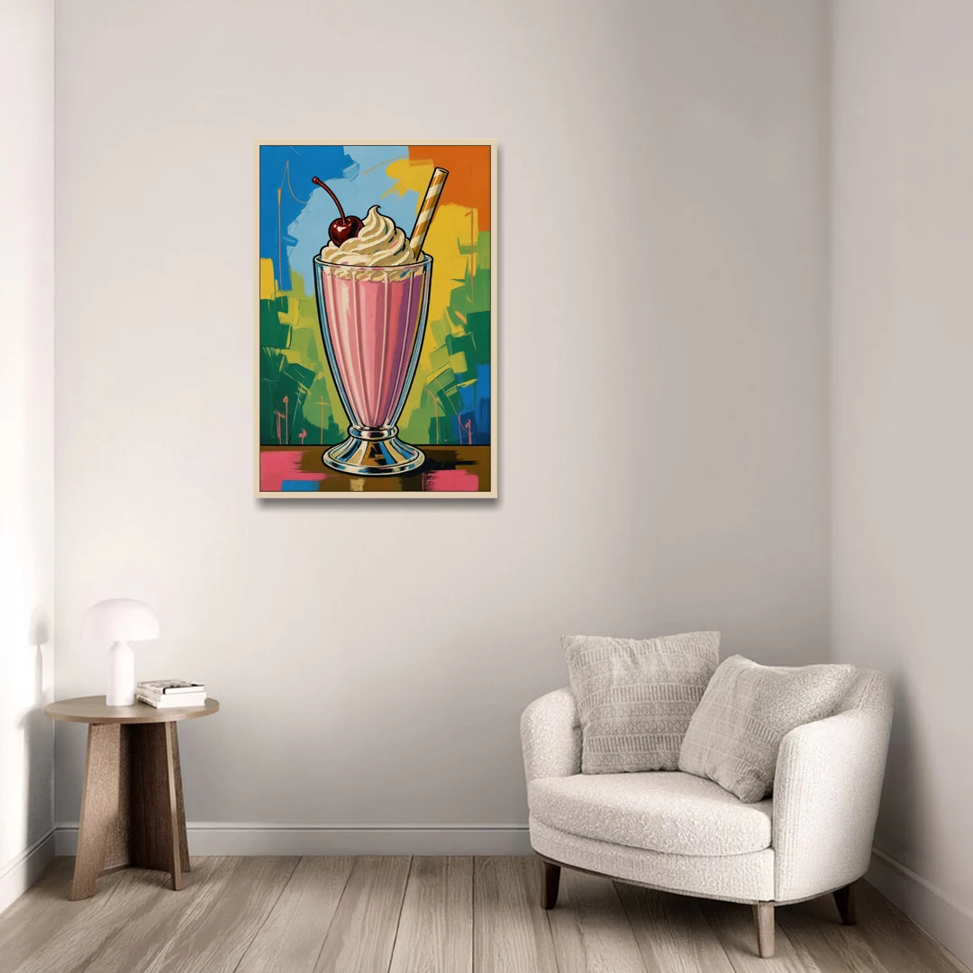 Pink Milkshake with a Cherry and Striped Straw - Oak Framed Canvas Wall Art - Sofa - 24x36