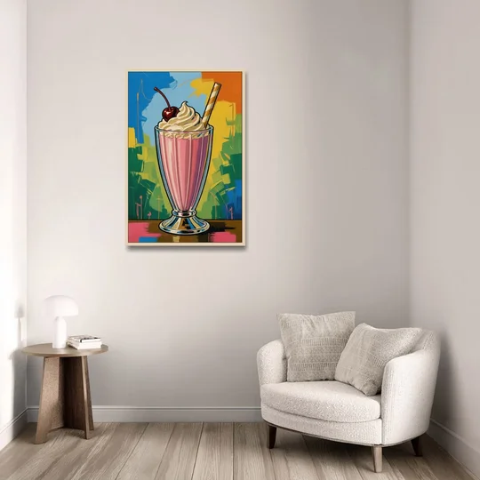 Pink Milkshake with a Cherry and Striped Straw - Oak Framed Canvas Wall Art - Sofa - 24x36