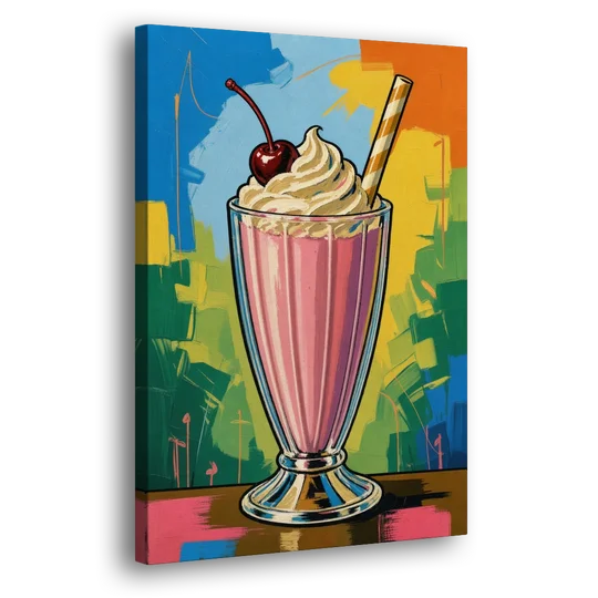 Pink Milkshake with a Cherry and Striped Straw - Canvas Wall Art - Side