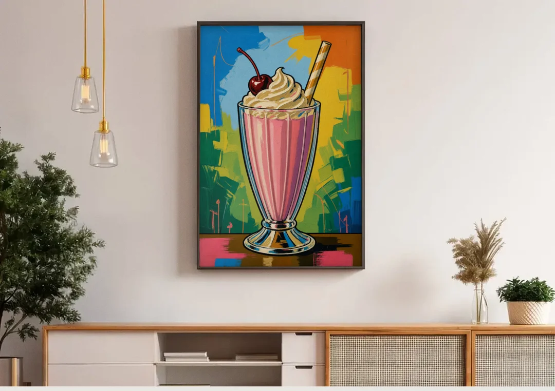 Pink Milkshake with a Cherry and Striped Straw canvas wall art above a wooden sideboard under pendant lights