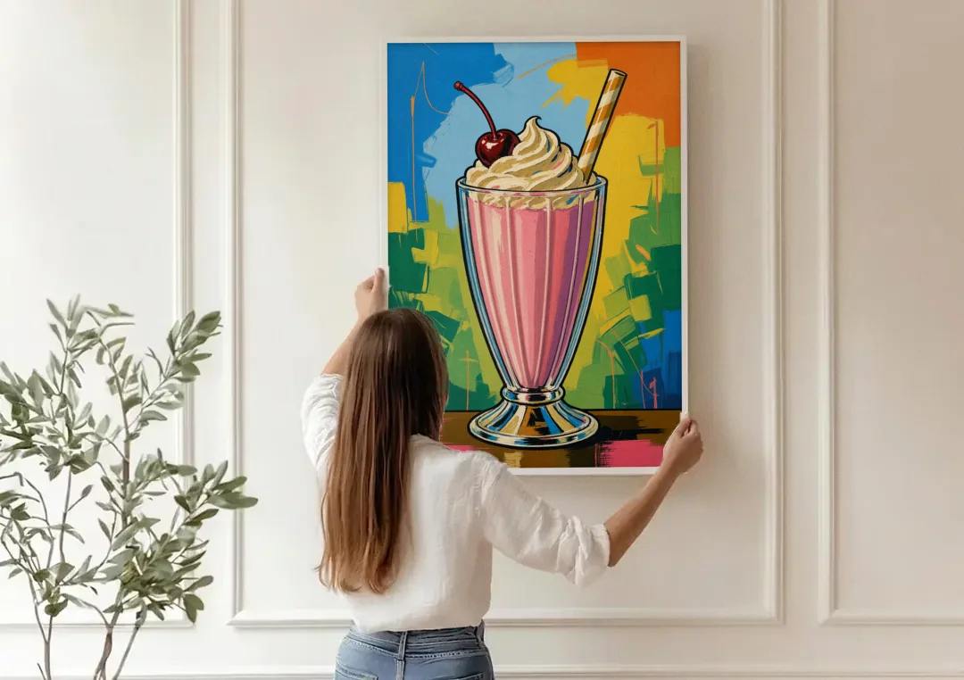 Pink Milkshake with a Cherry and Striped Straw canvas wall art being hung on a paneled wall