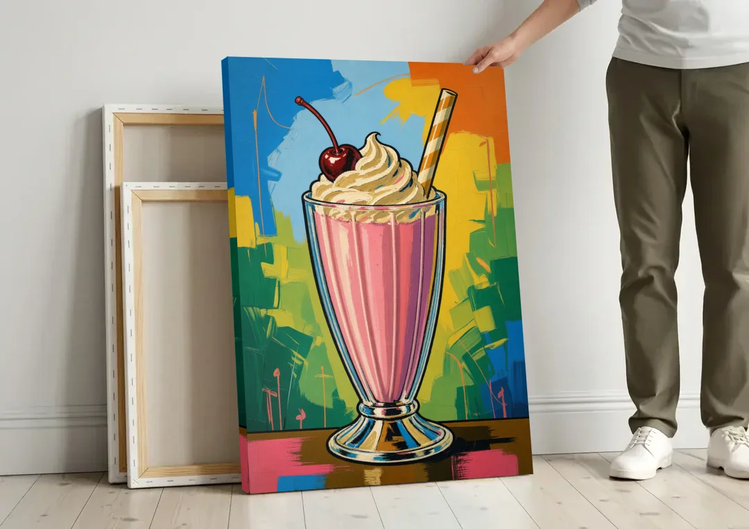 Pink Milkshake with a Cherry and Striped Straw canvas wall art leaning against a wall next to blank canvases
