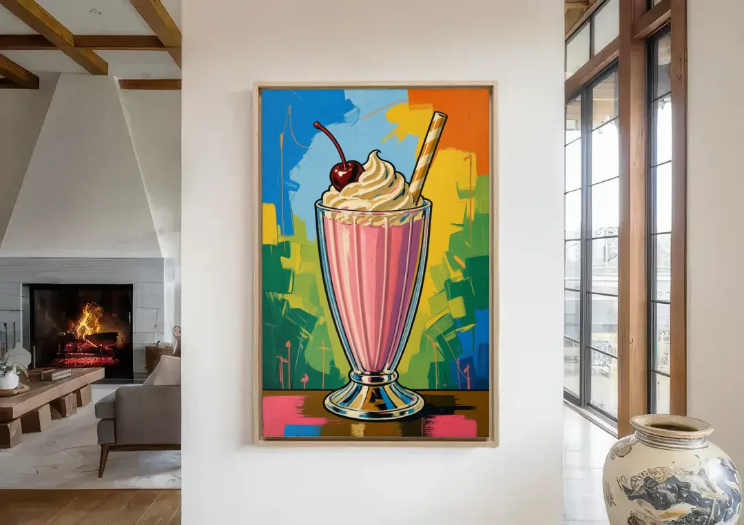 Pink Milkshake with a Cherry and Striped Straw canvas wall art in a living room with a fireplace