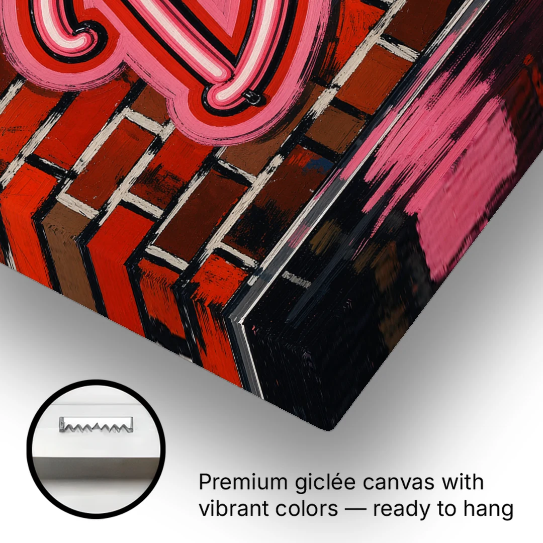 Pink Neon Bar Sign on Red Brick Wall - Canvas Wall Art - Gallery Wrap Corner