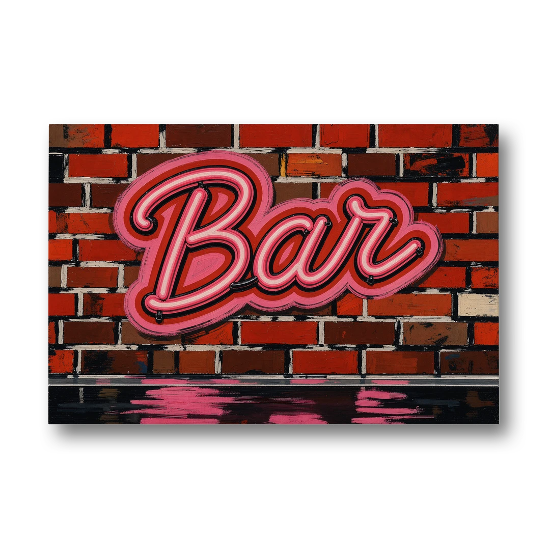 Pink Neon Bar Sign on Red Brick Wall - Canvas Wall Art - Front