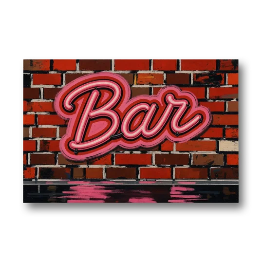 Pink Neon Bar Sign on Red Brick Wall - Canvas Wall Art - Front