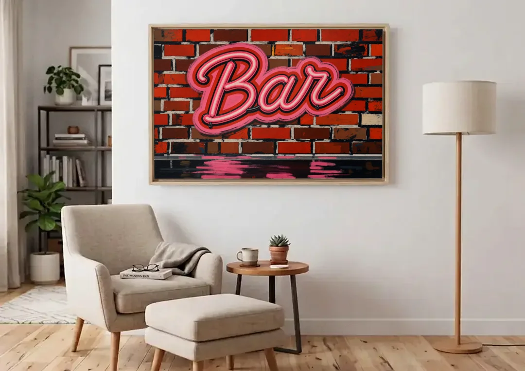 Pink Neon Bar Sign on Red Brick Wall canvas wall art above an armchair in a bright living room