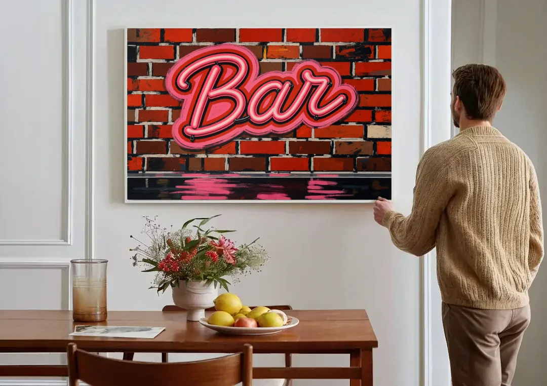 Pink Neon Bar Sign on Red Brick Wall canvas wall art above a dining table