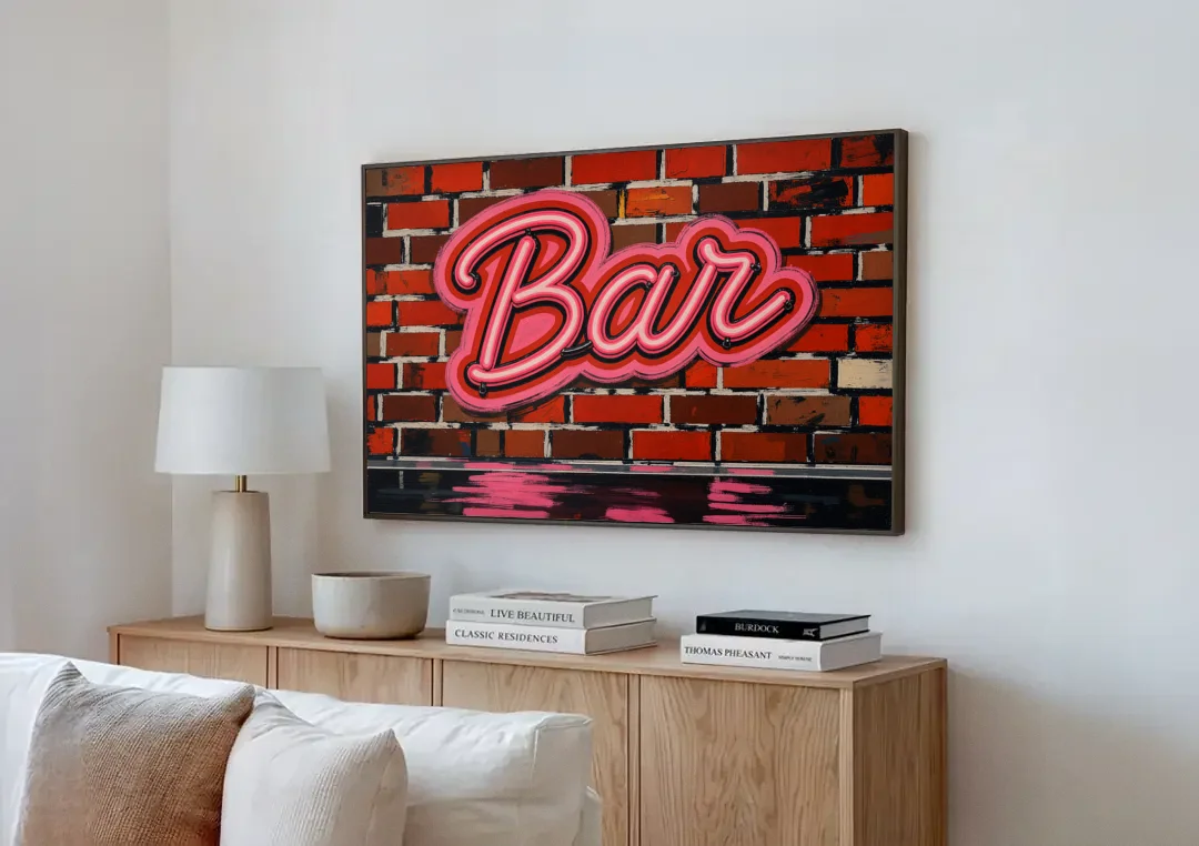 Pink Neon Bar Sign on Red Brick Wall canvas wall art above a wooden sideboard next to a sofa