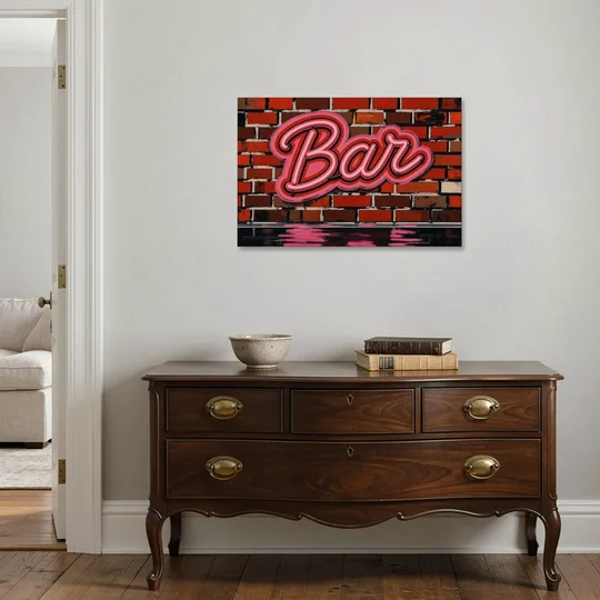 Pink Neon Bar Sign on Red Brick Wall - Canvas Wall Art - Coffee Table - 36x24