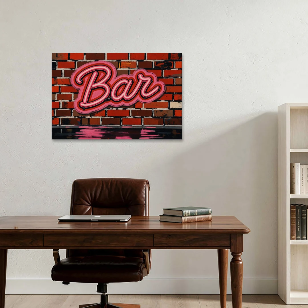 Pink Neon Bar Sign on Red Brick Wall - Canvas Wall Art - Office - 36x24