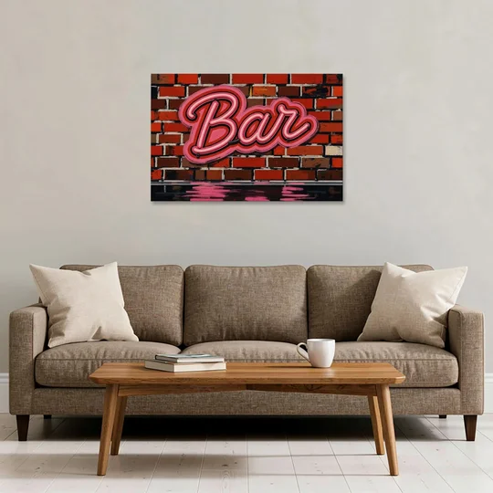 Pink Neon Bar Sign on Red Brick Wall - Canvas Wall Art - Sofa - 36x24