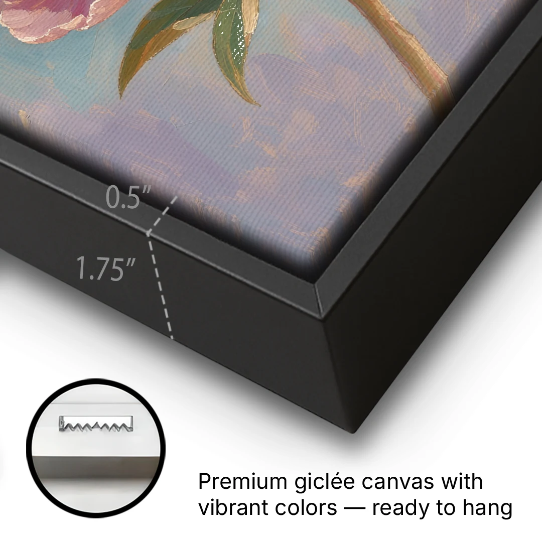 Pink Peony Painting in Sunset Light - Black Framed Canvas Wall Art - Gallery Wrap Corner