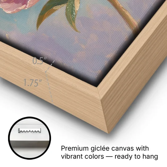 Pink Peony Painting in Sunset Light - Oak Framed Canvas Wall Art - Gallery Wrap Corner