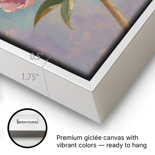 Pink Peony Painting in Sunset Light - White Framed Canvas Wall Art - Gallery Wrap Corner