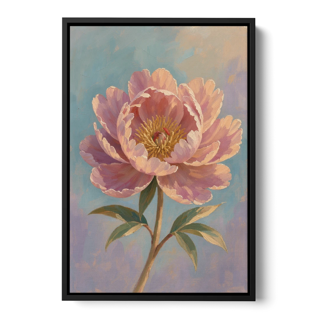 Pink Peony Painting in Sunset Light - Black Framed Canvas Wall Art - Front