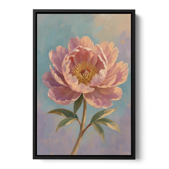 Pink Peony Painting in Sunset Light - Black Framed Canvas Wall Art - Front