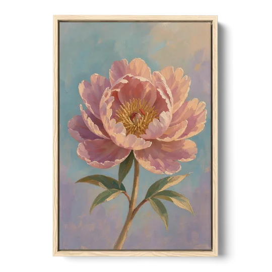 Pink Peony Painting in Sunset Light - Oak Framed Canvas Wall Art - Front