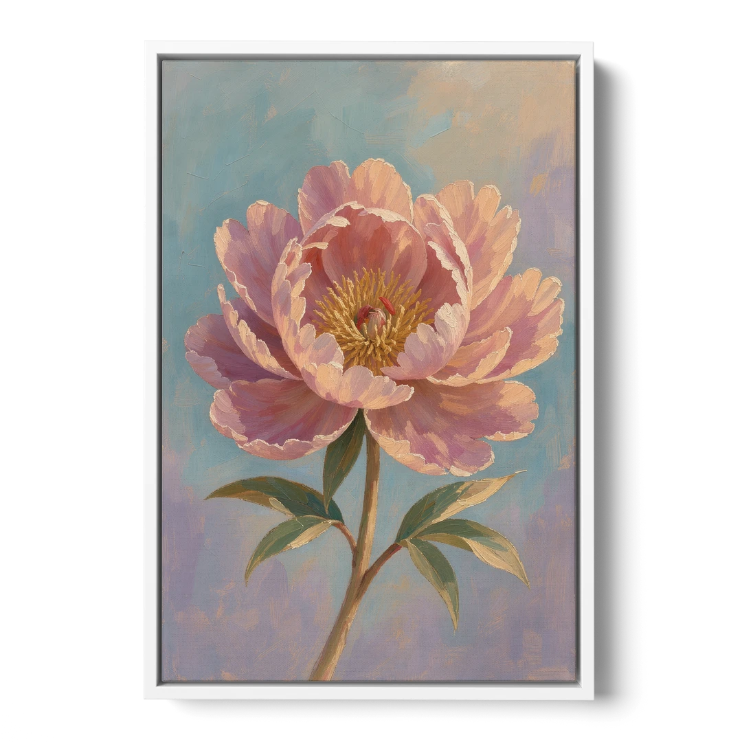 Pink Peony Painting in Sunset Light - White Framed Canvas Wall Art - Front