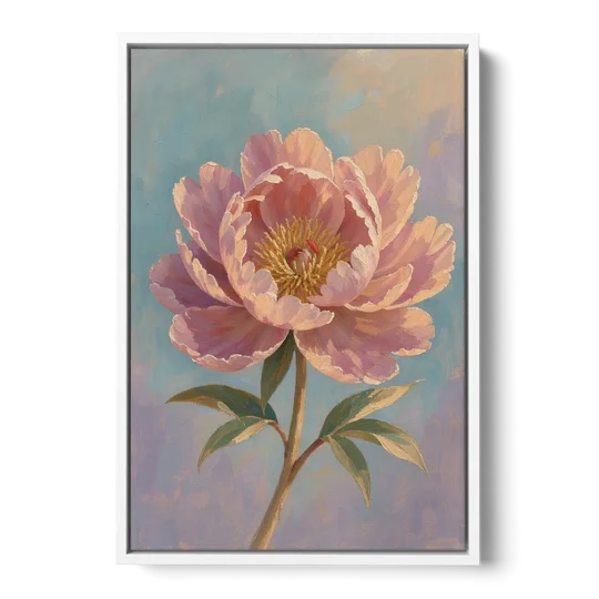 Pink Peony Painting in Sunset Light - White Framed Canvas Wall Art - Front