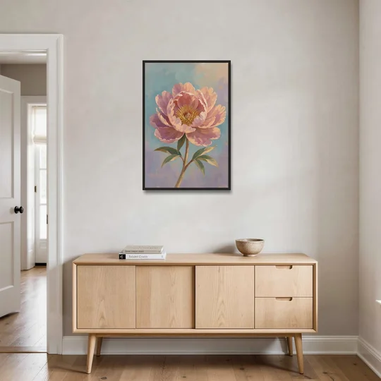 Pink Peony Painting in Sunset Light - Black Framed Canvas Wall Art - Coffee Table - 24x36
