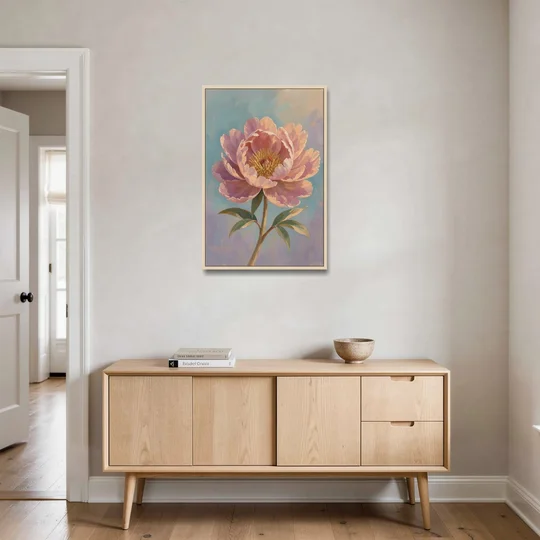 Pink Peony Painting in Sunset Light - Oak Framed Canvas Wall Art - Coffee Table - 24x36