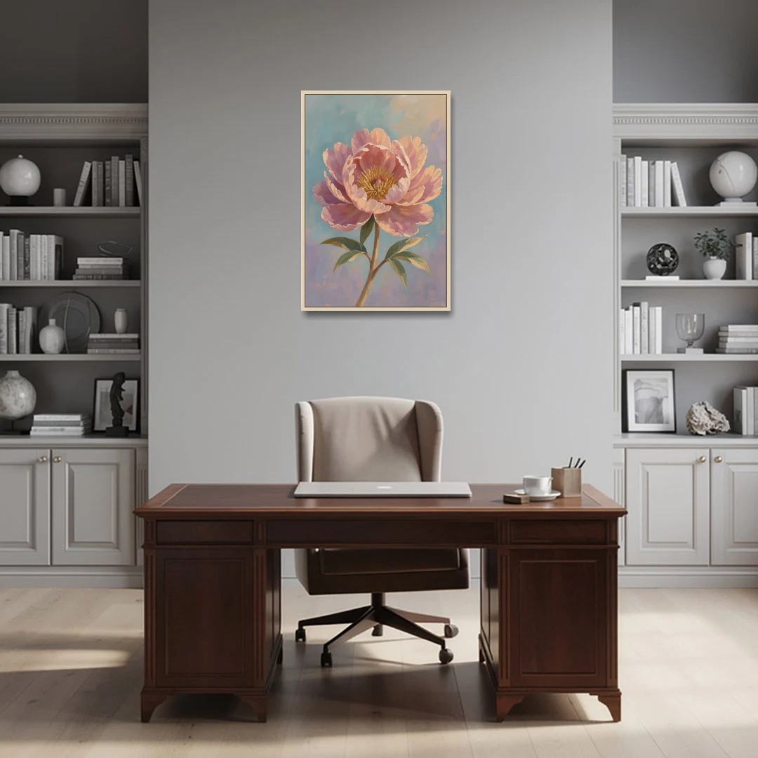 Pink Peony Painting in Sunset Light - Oak Framed Canvas Wall Art - Office - 24x36