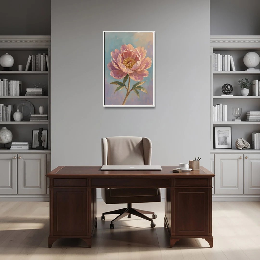 Pink Peony Painting in Sunset Light - White Framed Canvas Wall Art - Office - 24x36