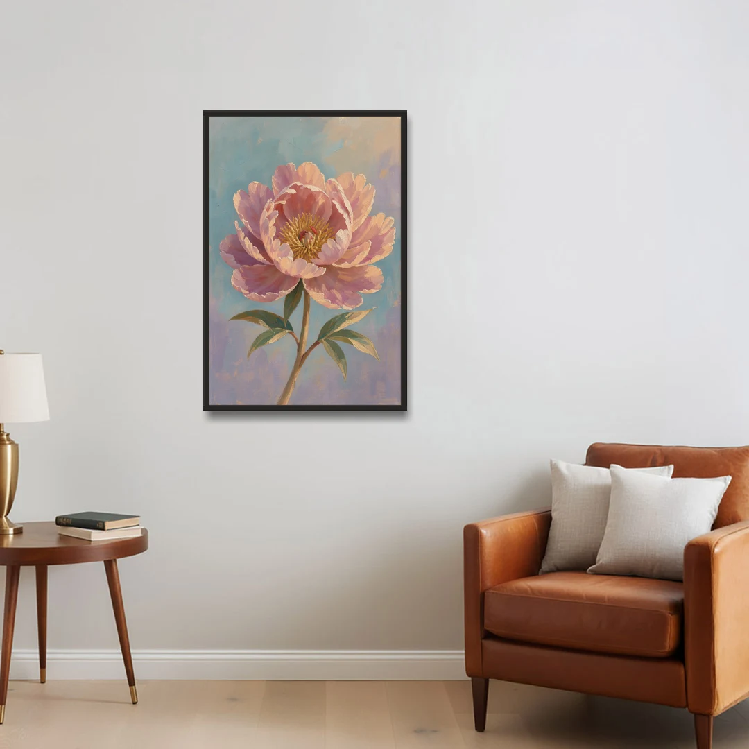 Pink Peony Painting in Sunset Light - Black Framed Canvas Wall Art - Sofa - 24x36