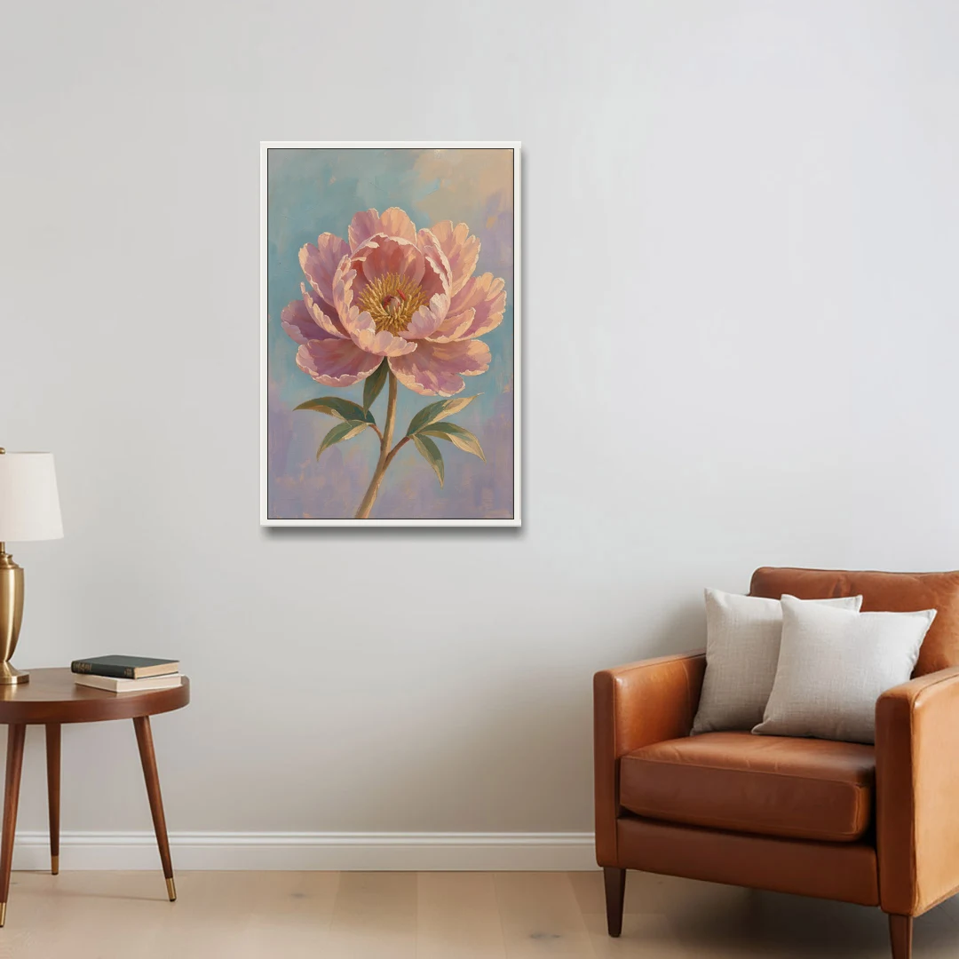 Pink Peony Painting in Sunset Light - White Framed Canvas Wall Art - Sofa - 24x36