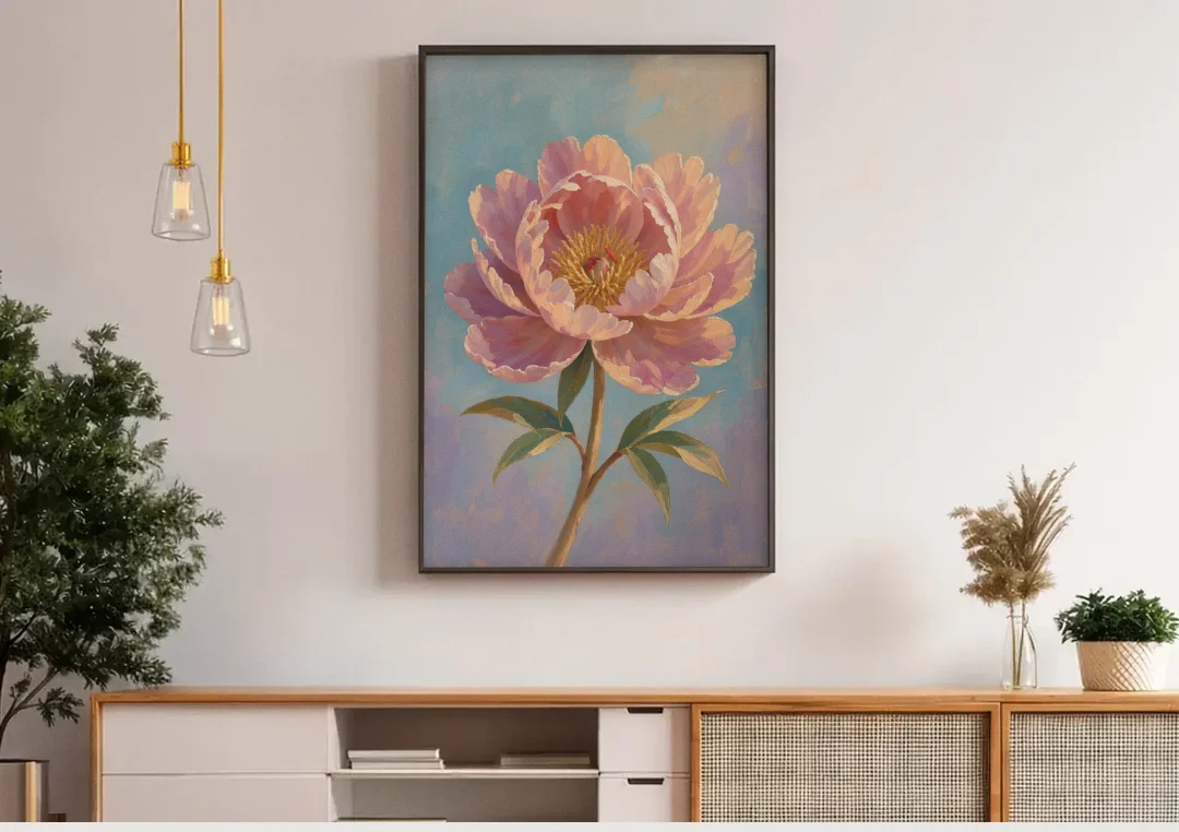 Pink Peony Painting in Sunset Light canvas wall art above a wooden sideboard under pendant lights