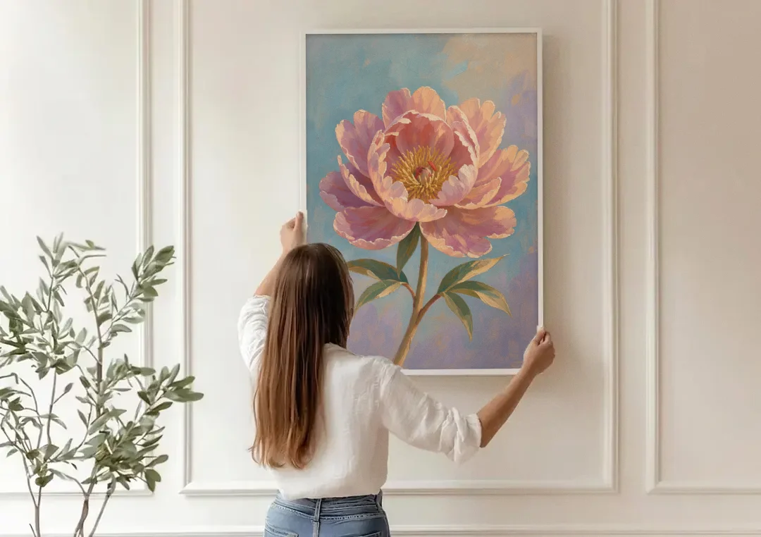 Pink Peony Painting in Sunset Light canvas wall art being hung on a paneled wall