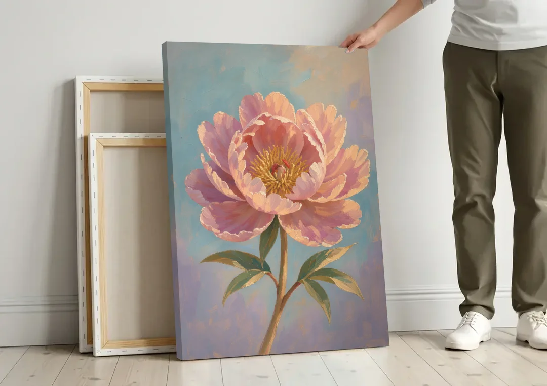 Pink Peony Painting in Sunset Light canvas wall art leaning against a wall next to blank canvases