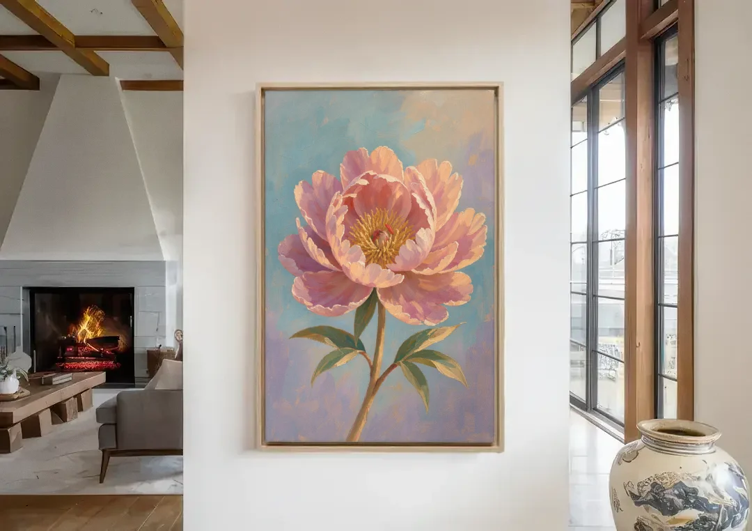 Pink Peony Painting in Sunset Light canvas wall art in a living room with a fireplace