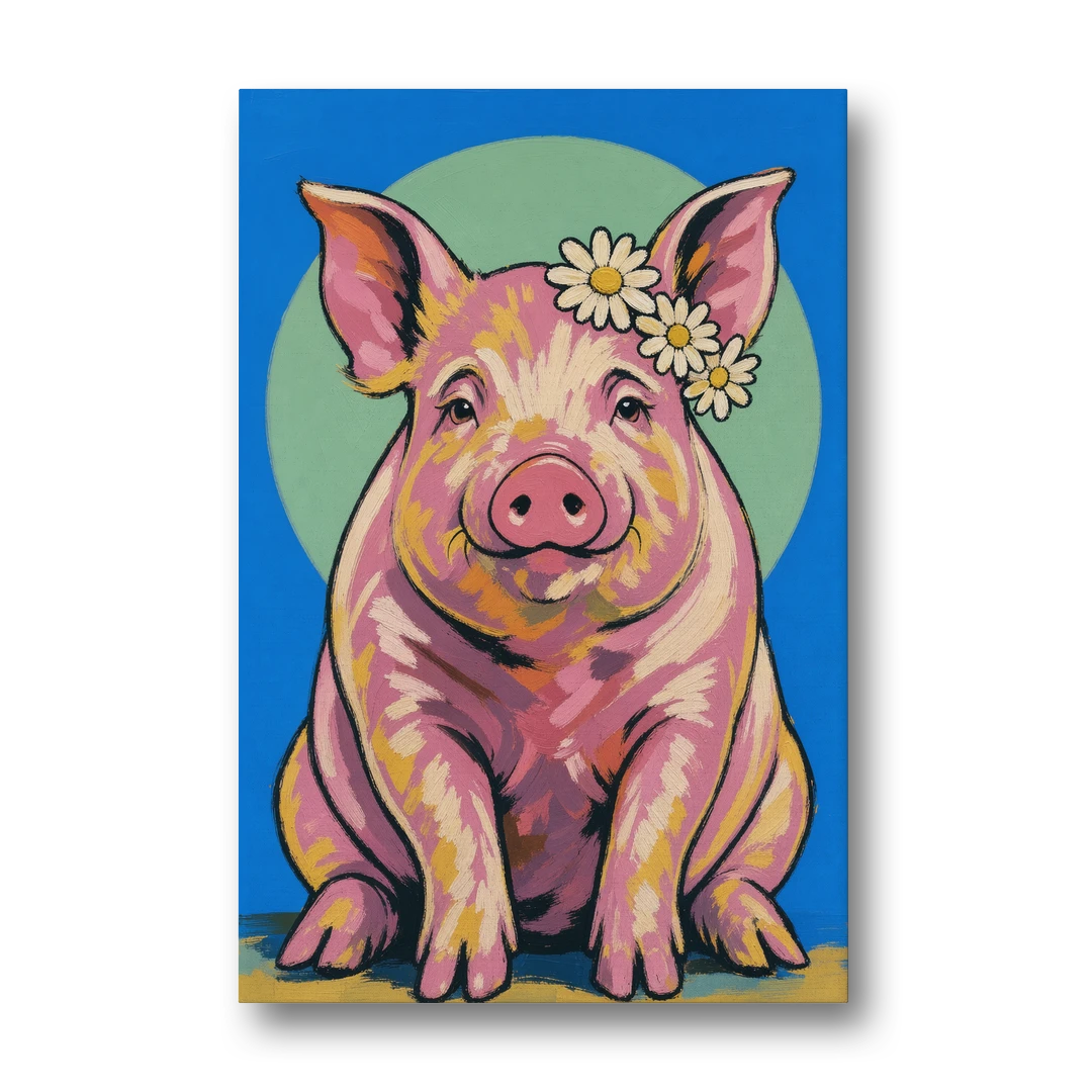 Pink Pig with a Slipping Daisy Crown - Canvas Wall Art - Front