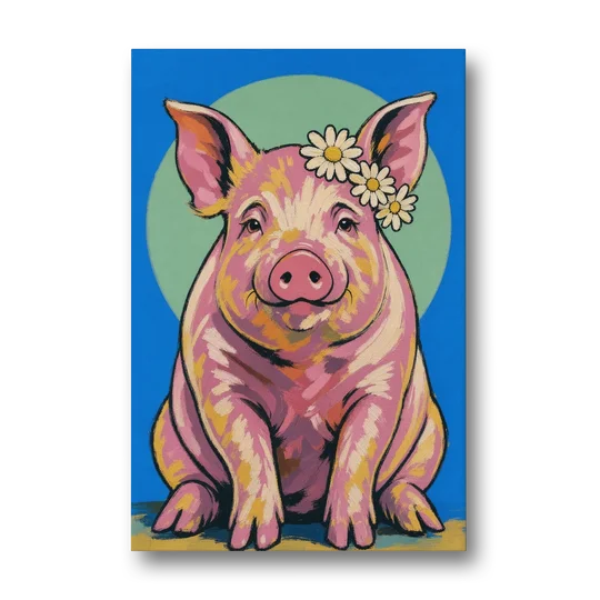 Pink Pig with a Slipping Daisy Crown - Canvas Wall Art - Front