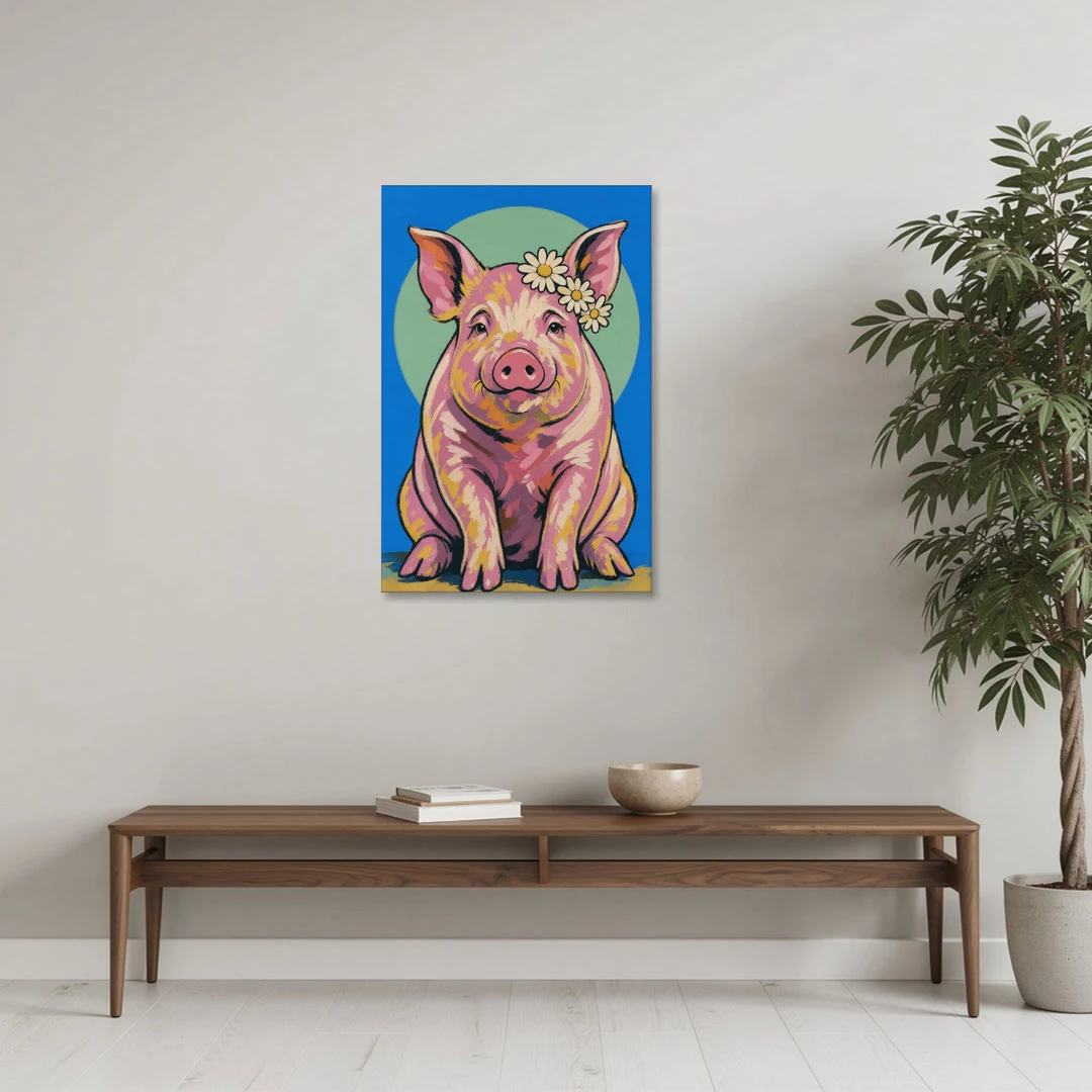 Pink Pig with a Slipping Daisy Crown - Canvas Wall Art - Coffee Table - 24x36