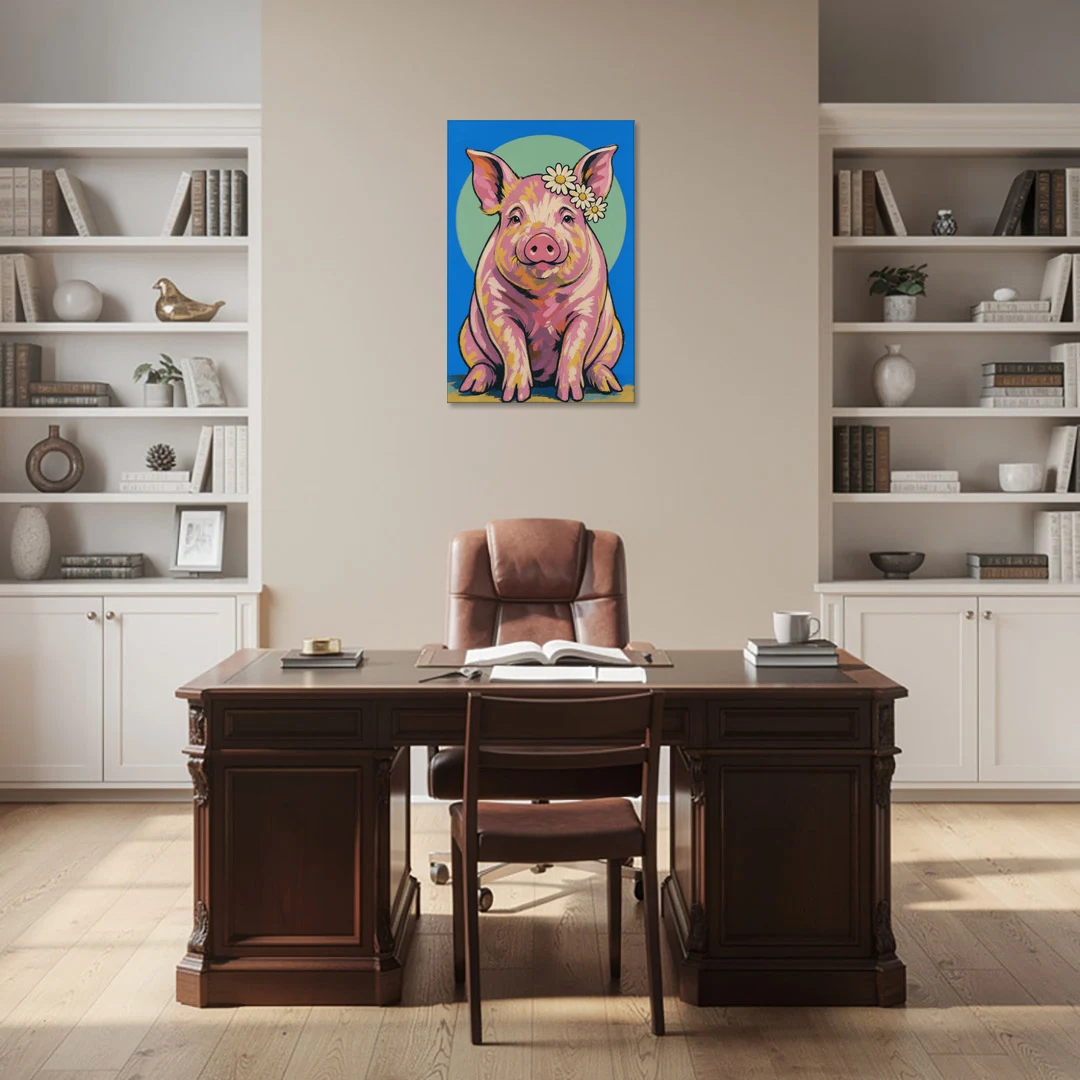 Pink Pig with a Slipping Daisy Crown - Canvas Wall Art - Office - 24x36