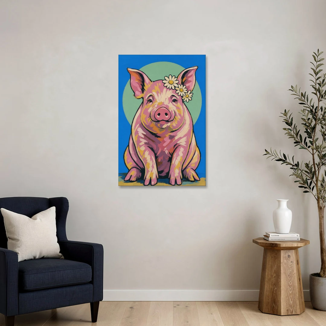 Pink Pig with a Slipping Daisy Crown - Canvas Wall Art - Sofa - 24x36