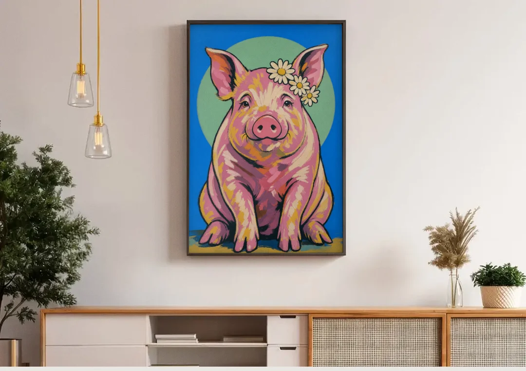 Pink Pig with a Slipping Daisy Crown canvas wall art above a wooden sideboard under pendant lights