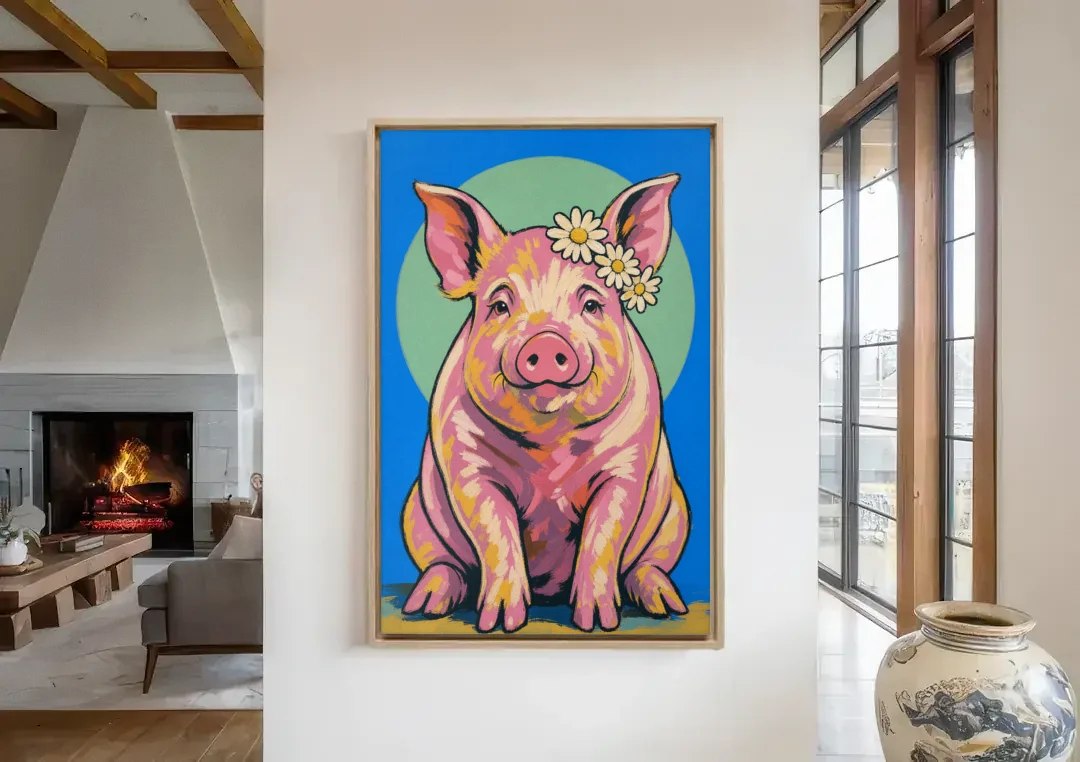 Pink Pig with a Slipping Daisy Crown canvas wall art in a living room with a fireplace